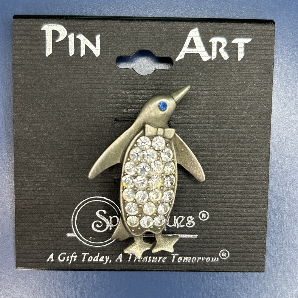 Penguin Pin Rhinestones Spoontiques Pewter Brooch 90s
